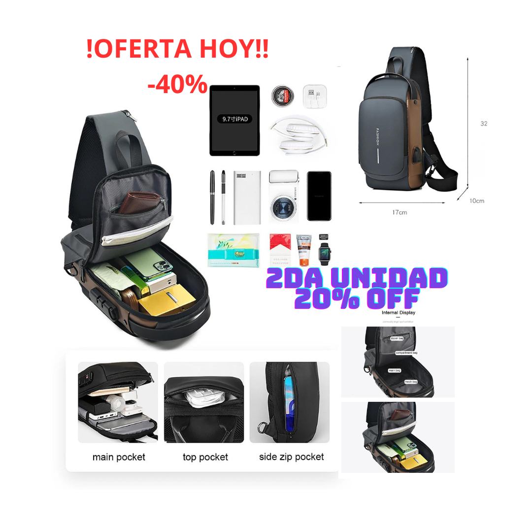 ❎BOLSO MANOS LIBRES❎ CON PUERTO USB IMPERMEABLE CLAVE DE SEGURIDAD 💰💰 OFERTA 2da unidad 🏋️‍♂️usalo en el gym  🚌 Seguridad en el transporte